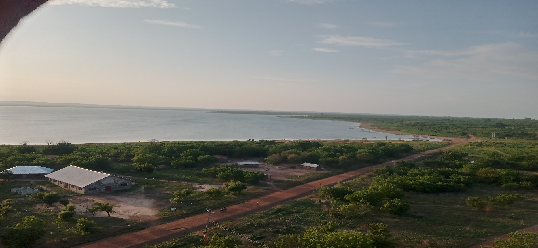 Aerial view of the Bruben community by the Afram lake