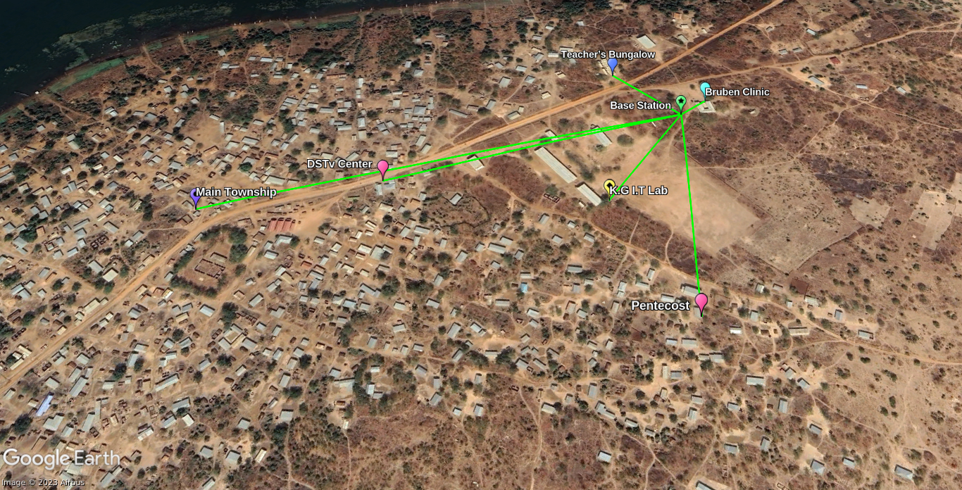 Google Earth map showing wireless links between relay sites