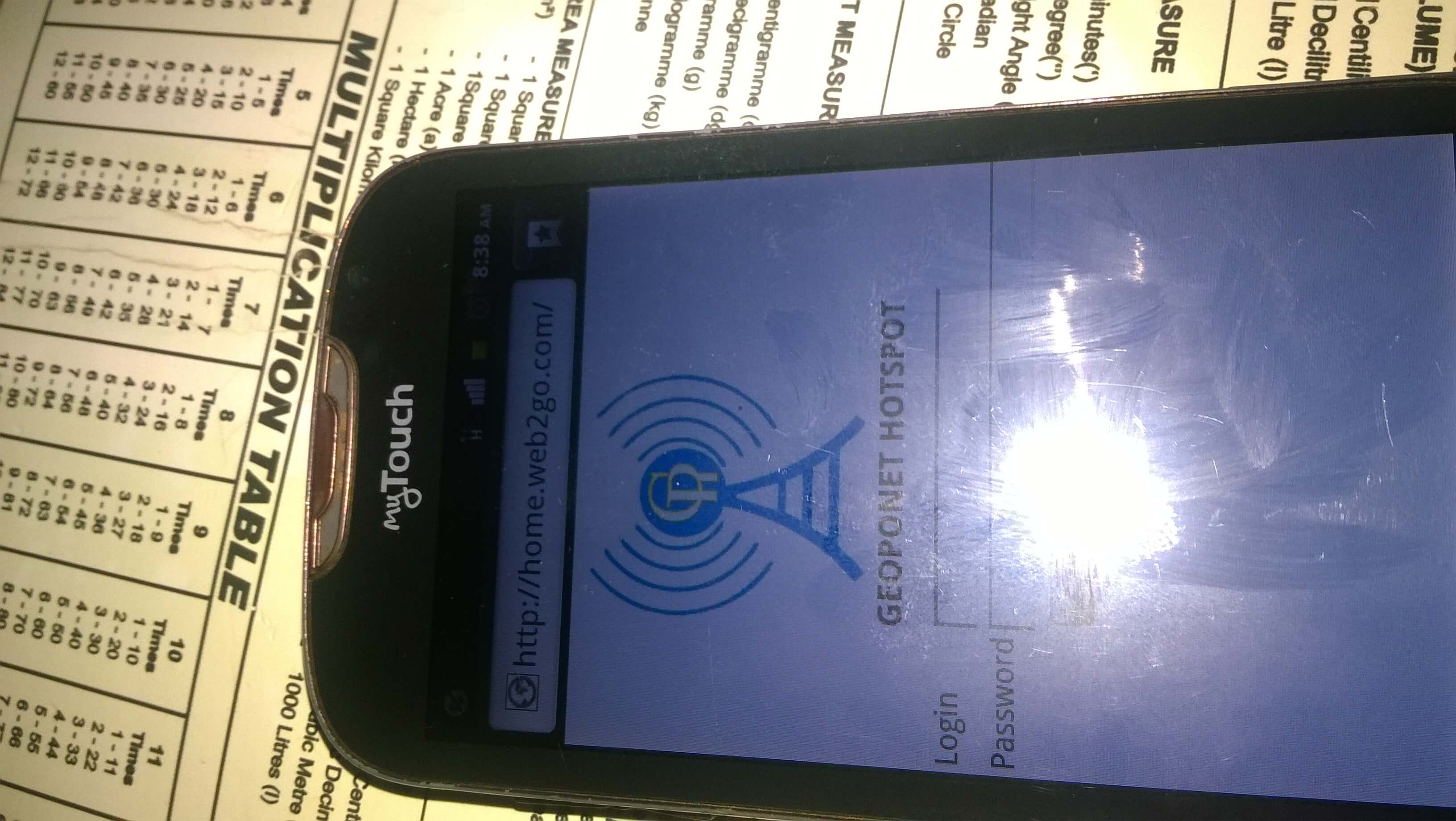Geoponet Hotspot login screen on a mobile phone